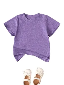 Casual toddler girl purple short sleeve t-shirt paired with white bow mary jane dress shoes