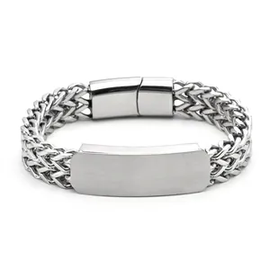 Men's Punk Double Layer Titanium Steel Wheat Chain Bracelet Rectangular ID Plate Magnetic Clasp Hip Hop Jewelry For Men