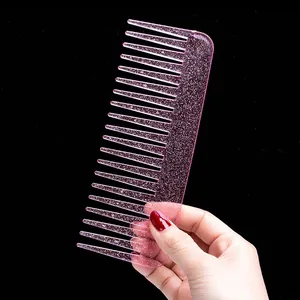 Transparent pink glitter wide-tooth detangling comb for hair massage and styling accessory
