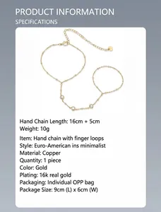 Detail view of minimalist 16k gold plated finger bracelet with product specifications
