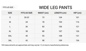 Detailed size chart for loose wide-leg trousers with measurements from size S to 3XL.