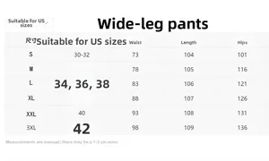 Detailed size chart for loose wide-leg trousers with measurements from size S to 3XL.