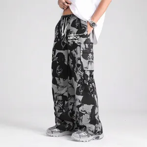 Men's high street loose wide-leg casual pants with graphic all-over print design