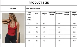 Detailed size chart for women's slim fit red knitted tank top with measurements in cm.