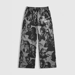 Detail view of high street casual pants with monochrome portrait print and cargo pockets