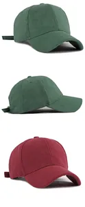 Detailed view showing minimalist suede baseball caps in green and burgundy colors.