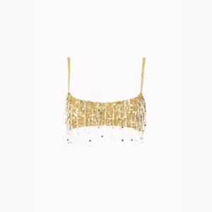 Vue détaillée du haut tube sexy à broderie de paillettes dorées et franges fines