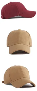Detailed macro view of plain faux suede baseball caps in maroon and khaki tan colors