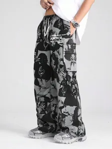 Unisex High Street Wide Leg Casual Pants Full Portrait Print Drawstring Loose Cargo Trousers Streetwear Graphic Pants