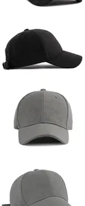 Detailed views of minimalist black and grey suede baseball caps with adjustable strap