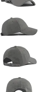 Detailed views of minimalist dark gray suede baseball cap with an adjustable metal buckle strap