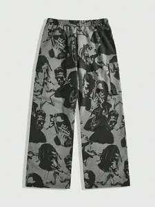 American high street wide-leg casual pants with all-over portrait print