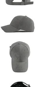 Multiple detail views of a grey suede baseball cap showing texture and metal buckle.