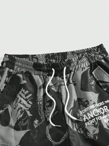 Graphic print loose fit wide-leg streetwear trousers with drawstring waist