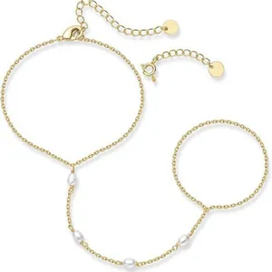 16K Gold Plated Minimalist Slave Bracelet For Women Adjustable Finger Ring Bracelet Artificial Pearl Rhinestone Hand Harness