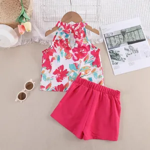 Nuovo set estivo 2025 per bambine con top floreale all'americana e pantaloncini rosa