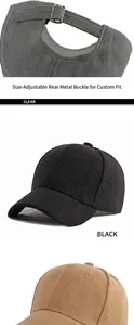 Adjustable faux suede baseball cap in black and tan with metal buckle detail