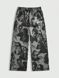 Streetwear wide-leg cargo pants featuring a graphic black and grey portrait print design