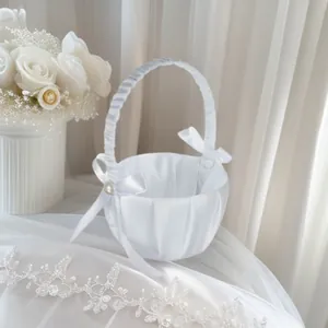 White Satin Wedding Flower Girl Basket With Artificial Pearl Handle And Ribbon Bow Decorative Basket For Wedding Ceremony Party