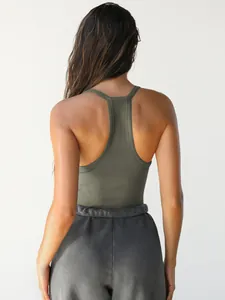 Detail view of the back of a slim fit olive green ribbed knit tank top for women