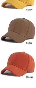 Minimalist suede baseball caps shown in yellow, coffee brown and orange color variants.