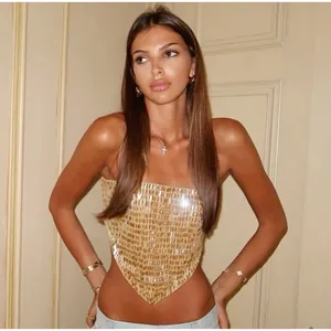 Haut bandeau sexy à paillettes dorées avec ourlet en triangle tendance pour femme