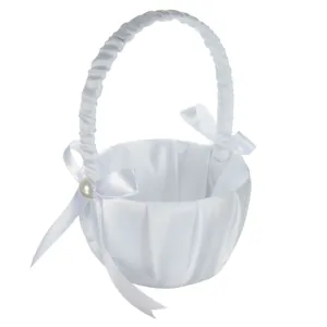 Elegant white satin flower girl basket with pearl ribbon bows for wedding ceremonies
