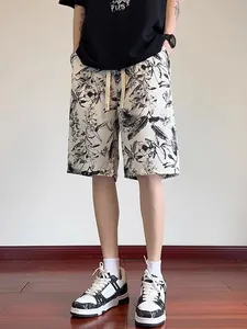 Men's Quick Dry Ink Wash Botanical Print Casual Shorts Summer Loose Beach Board Shorts Chinese Style Five Point Pants