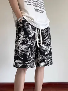 Men's quick-dry casual shorts with black and white ink-style botanical floral print
