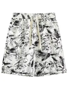 Men's casual ink-wash floral print quick-dry shorts with drawstring elastic waistband