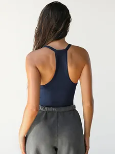 Detailed back view of a navy blue ribbed knit tank top with racerback design for women