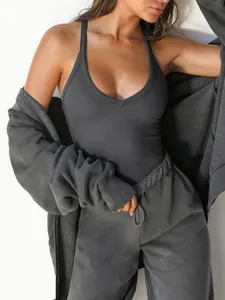 Sexy charcoal grey ribbed knit tank top and matching loungewear set for women 2024 spring