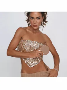 Elegant sexy gold sequined strapless tube top with pointed hem for fashion women