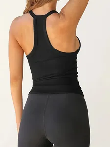 Slim fit black ribbed knit tank top with racerback design shown from the back view.