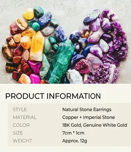 Product specifications for bohemian copper drop earrings featuring natural imperial stones