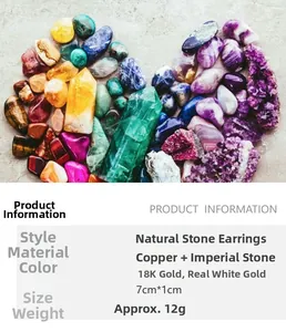 Product specifications for bohemian copper drop earrings featuring natural imperial stones