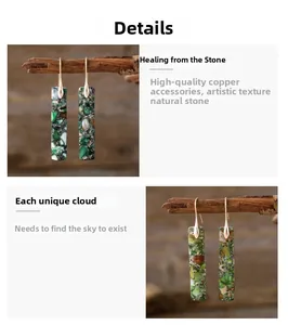 Detailed macro view showing green natural stone rectangular earrings on wooden branch