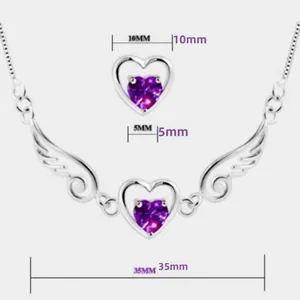 Detailed dimension view of silver angel wings heart necklace with purple heart stones