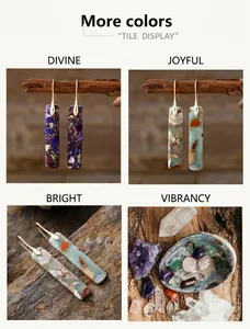 Detail view showing bohemian natural stone drop earrings in purple and turquoise finishes.