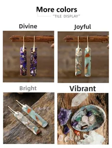 Detail view showing bohemian natural stone drop earrings in purple and turquoise finishes.