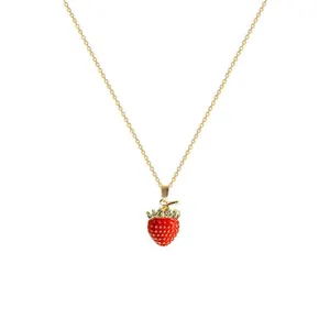 Elegant cute red strawberry pendant necklace with minimalist gold plated chain