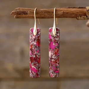 Bohemian rectangular natural stone drop earrings with golden hooks for women's jewelry