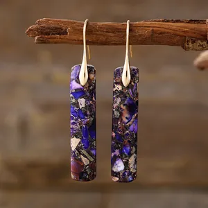 Bohemian geometric natural stone drop earrings with purple crushed stone textures.