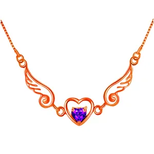 Detail showing purple heart crystal on rose gold angel wing pendant necklace