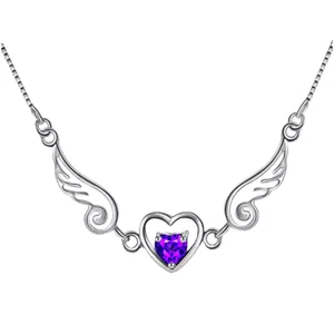 Elegant silver angel wings heart necklace featuring a vibrant purple gemstone pendant