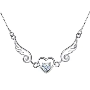 Silver angel wings necklace with a sparkling heart-shaped gemstone pendant