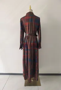 Back view detail of French retro plaid maxi dress with waist belt for women