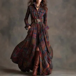 Women French Vintage Plaid Maxi Dress Elegant Slim Fit Irregular Hem Shirt Dress Long Sleeve Belted Swing Party Gown