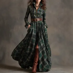 Elegant French retro green plaid maxi dress with long sleeves and a wide brown belt