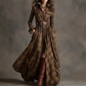 Elegant French vintage plaid long-sleeved maxi dress with asymmetric hem and belt
